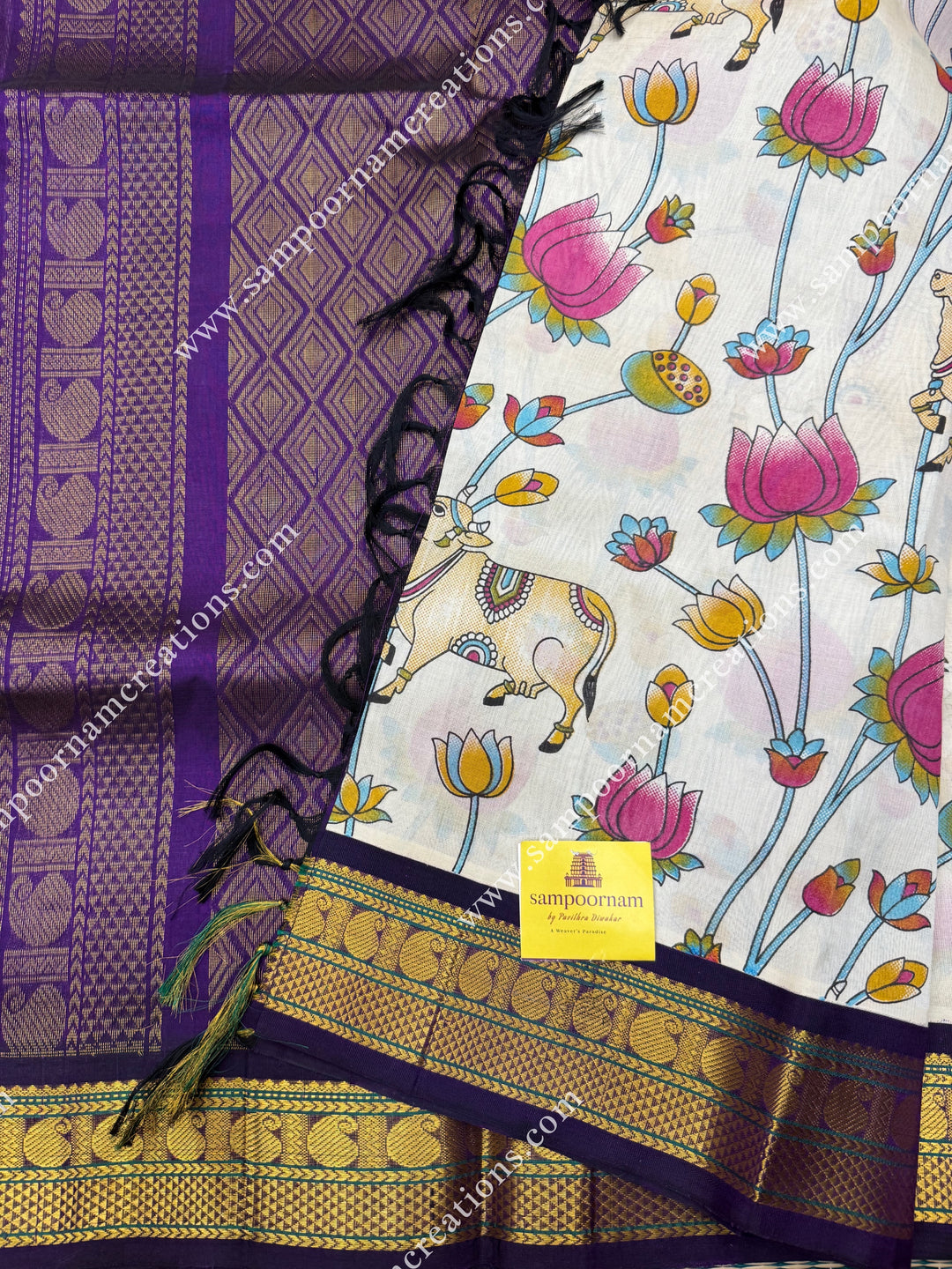 Offwhite with Dark Purple , Traditional Borders and  rich Pallu Pichwai Printed Korvai Silk Cotton Saree