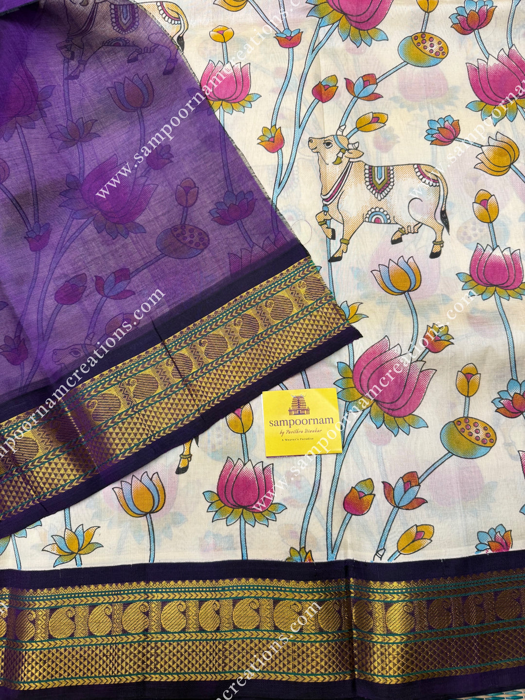 Offwhite with Dark Purple , Traditional Borders and  rich Pallu Pichwai Printed Korvai Silk Cotton Saree