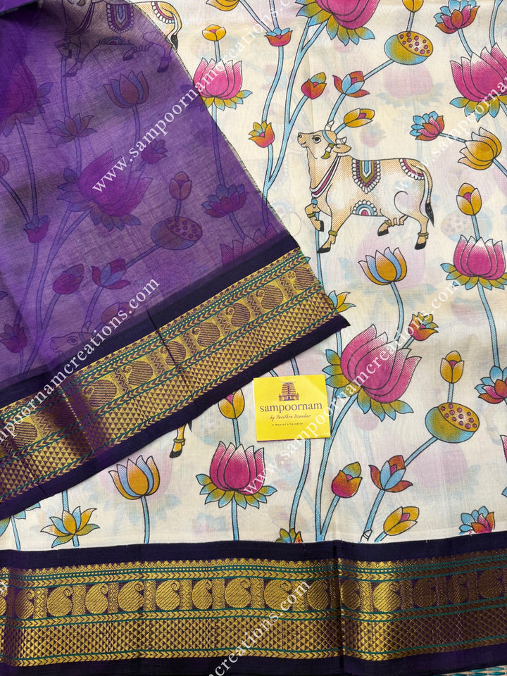 Offwhite with Dark Purple , Traditional Borders and  rich Pallu Pichwai Printed Korvai Silk Cotton Saree