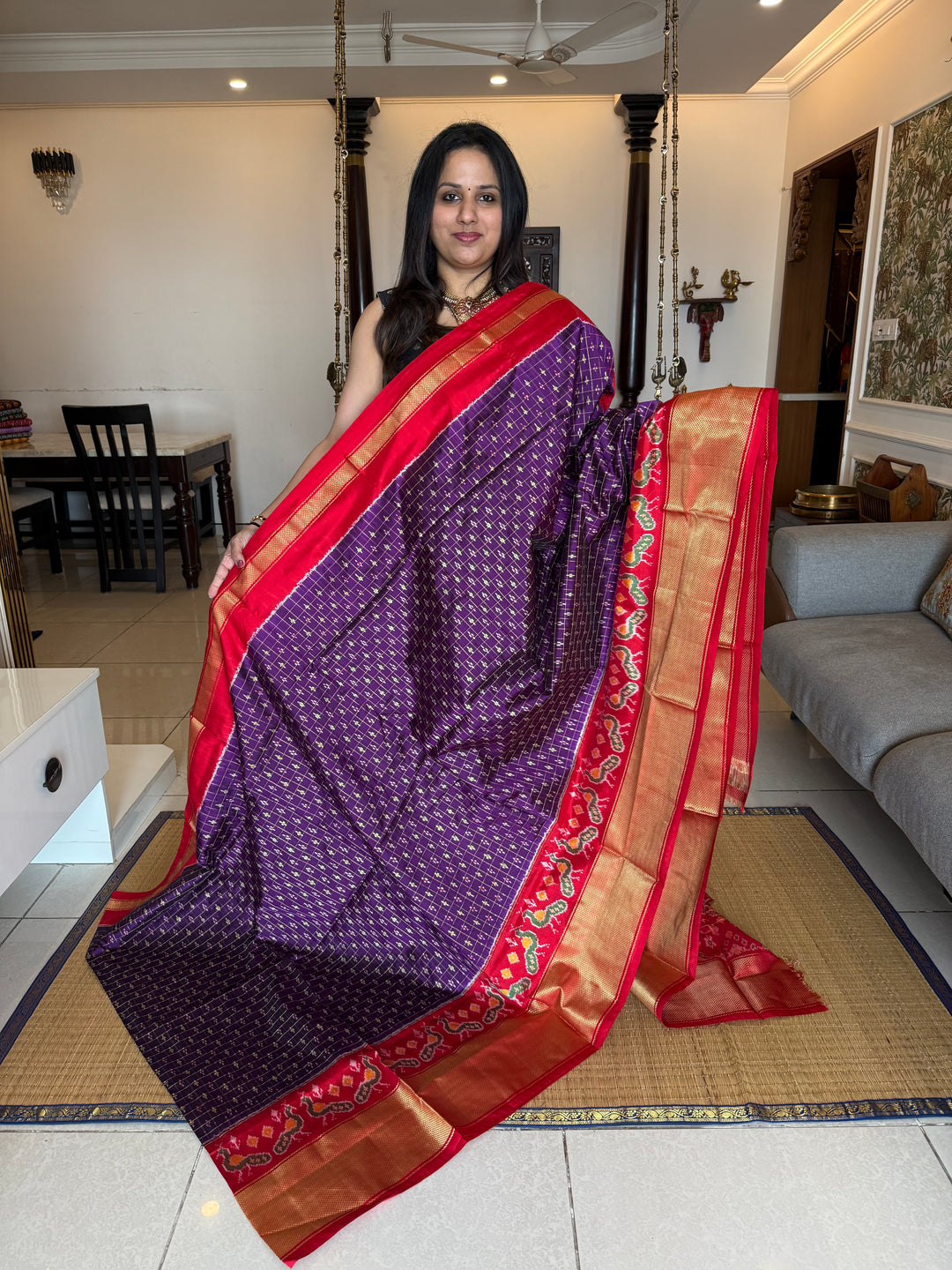 Purple with Red , rich Kanchi one side big border and grand Pallu with Blouse design Pochampally Ikkat Silk Saree