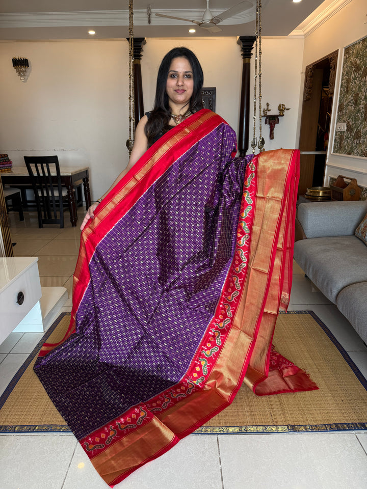 Purple with Red , rich Kanchi one side big border and grand Pallu with Blouse design Pochampally Ikkat Silk Saree