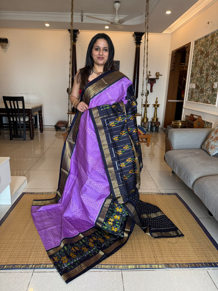 Lavender with Dark Blue , one side big border and blouse design ,rich Pallu Pochampally Ikkat Silk Saree