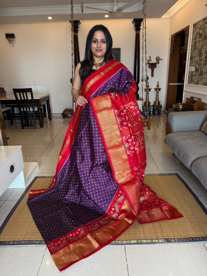 Purple with Red , rich Kanchi one side big border and grand Pallu with Blouse design Pochampally Ikkat Silk Saree