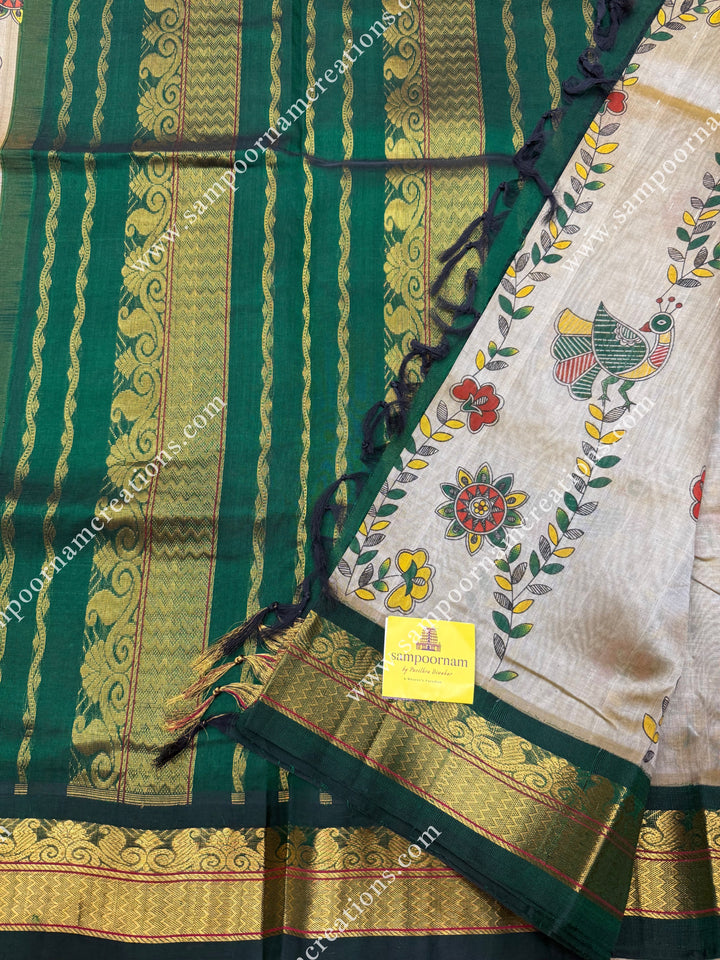 Dark Beige with Green, Floral Madhubani  Prints all over the body , traditional borders and rich Pallu Korvai Silk Cotton Saree