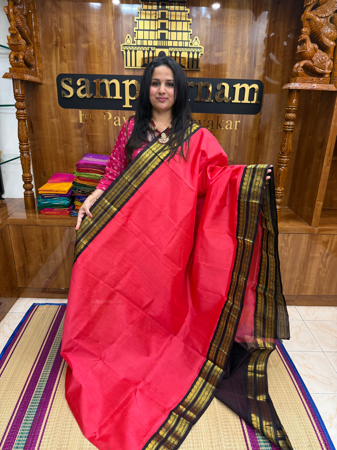 Fuschia Pink with Dark Arakku  , Rettapet  borders and Rich Pallu Korvai Silk Cotton Saree