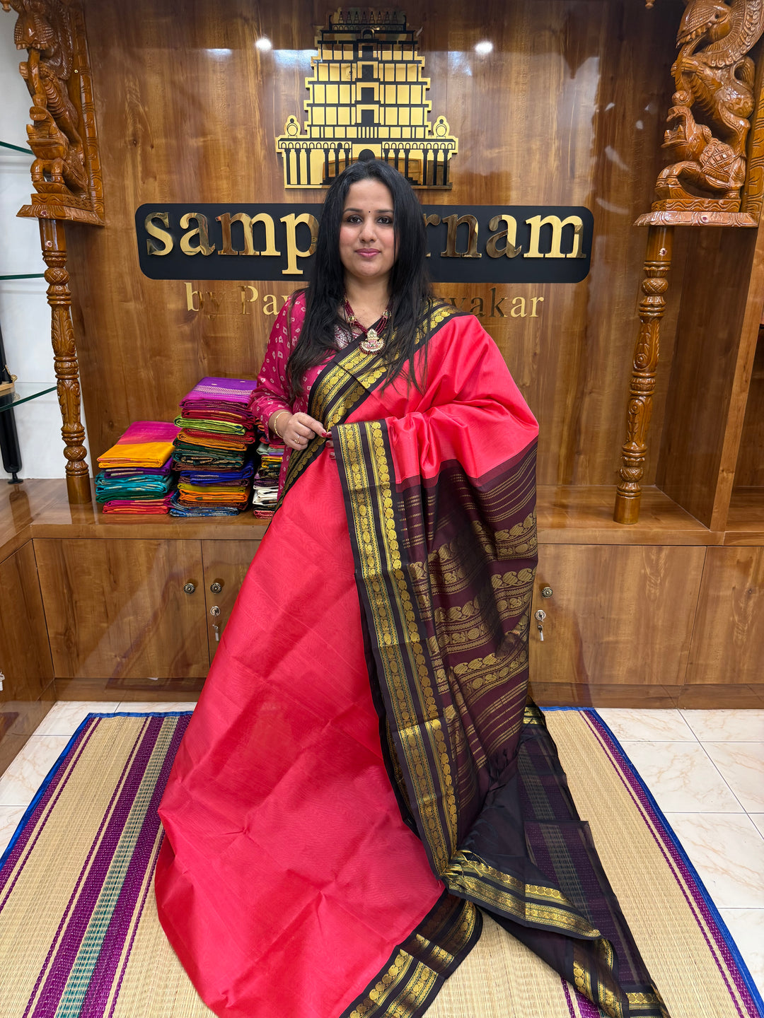 Fuschia Pink with Dark Arakku  , Rettapet  borders and Rich Pallu Korvai Silk Cotton Saree