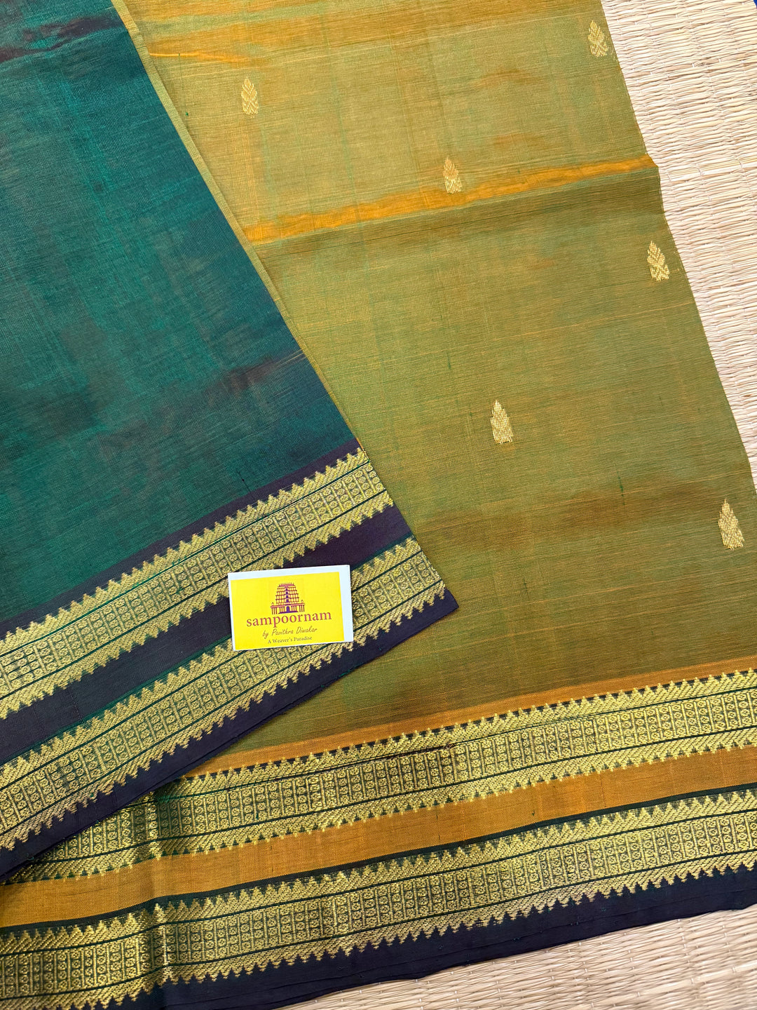 Fenugreek Green with Dark Green Rettapet Border and Zari Butta in the Body Traditional Borders and Rich Pallu Pure Silk Cotton Saree