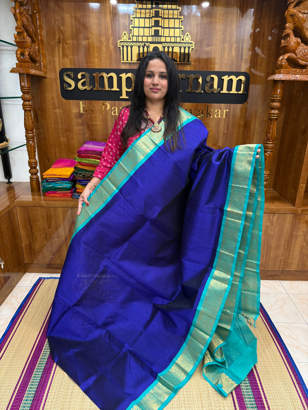 Dark Blue with Turquoise Blue  , Traditional borders and Rich Pallu Korvai Silk Cotton Saree