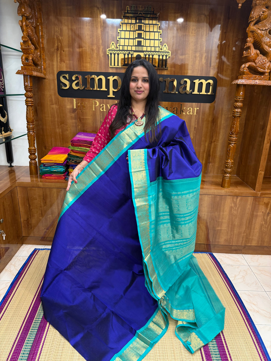 Dark Blue with Turquoise Blue  , Traditional borders and Rich Pallu Korvai Silk Cotton Saree