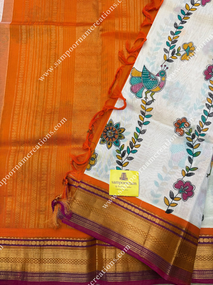 Offwhite with Orange  , Floral Madhubani  Prints all over the body , traditional borders and rich Pallu Korvai Silk Cotton Saree