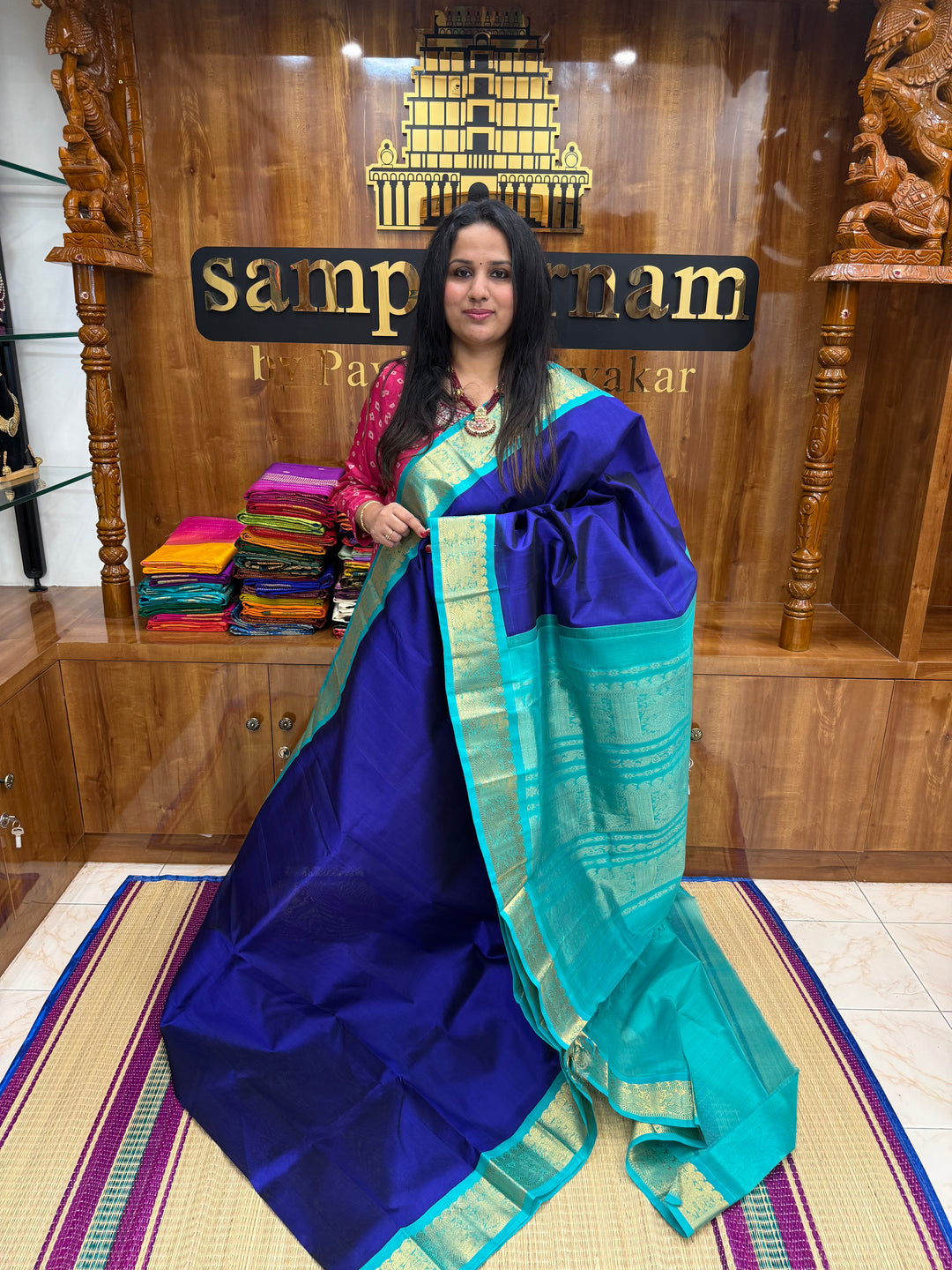 Dark Blue with Turquoise Blue  , Traditional borders and Rich Pallu Korvai Silk Cotton Saree