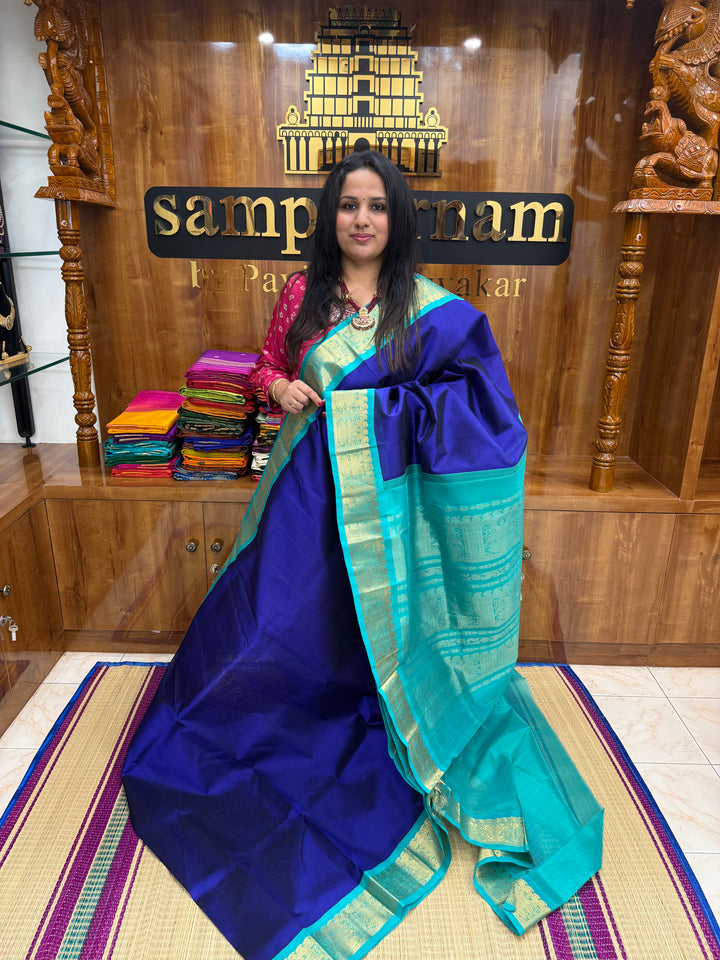 Dark Blue with Turquoise Blue  , Traditional borders and Rich Pallu Korvai Silk Cotton Saree