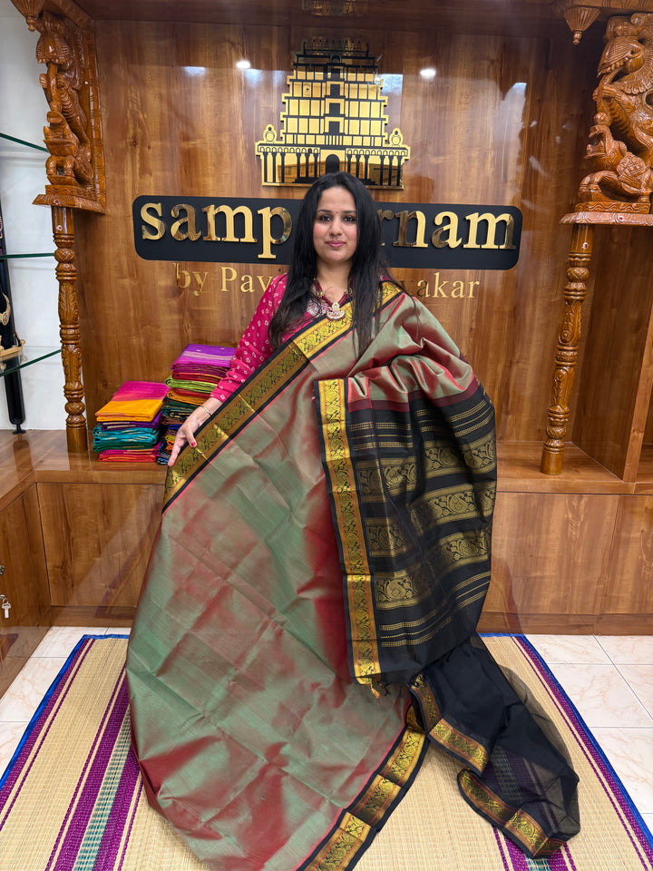 Manthulir Green  with Black , Traditional borders and Rich Pallu Korvai Silk Cotton Saree