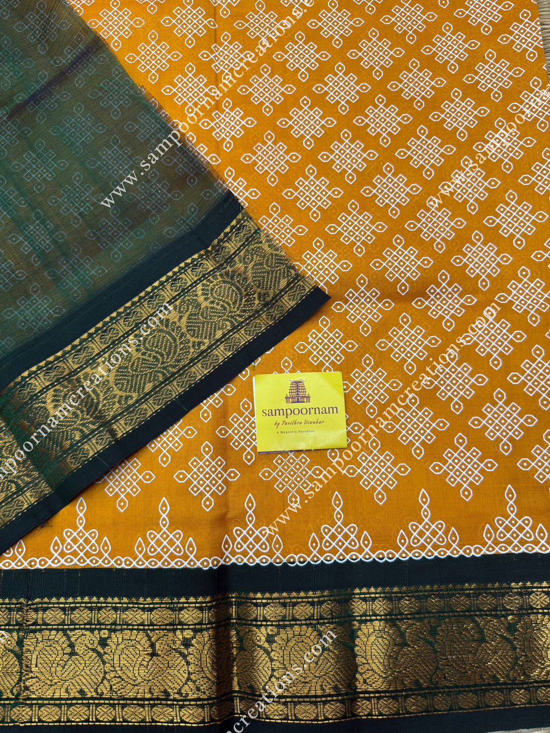 Gold Yellow with Green , Kolam Prints all over the body , traditional borders and rich Pallu Korvai Silk Cotton Saree