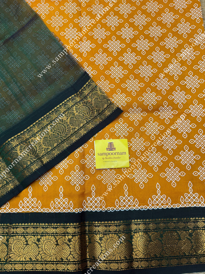 Gold Yellow with Green , Kolam Prints all over the body , traditional borders and rich Pallu Korvai Silk Cotton Saree
