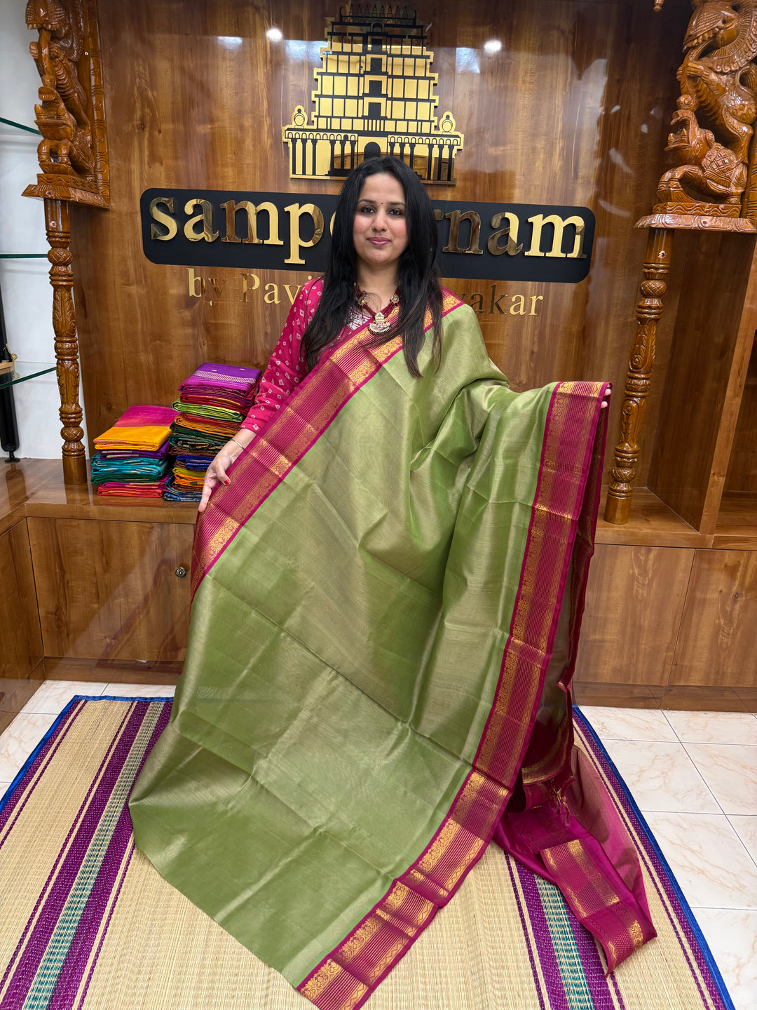 Elaichi Green with Magenta  , Traditional borders and Rich Pallu Korvai Silk Cotton Saree