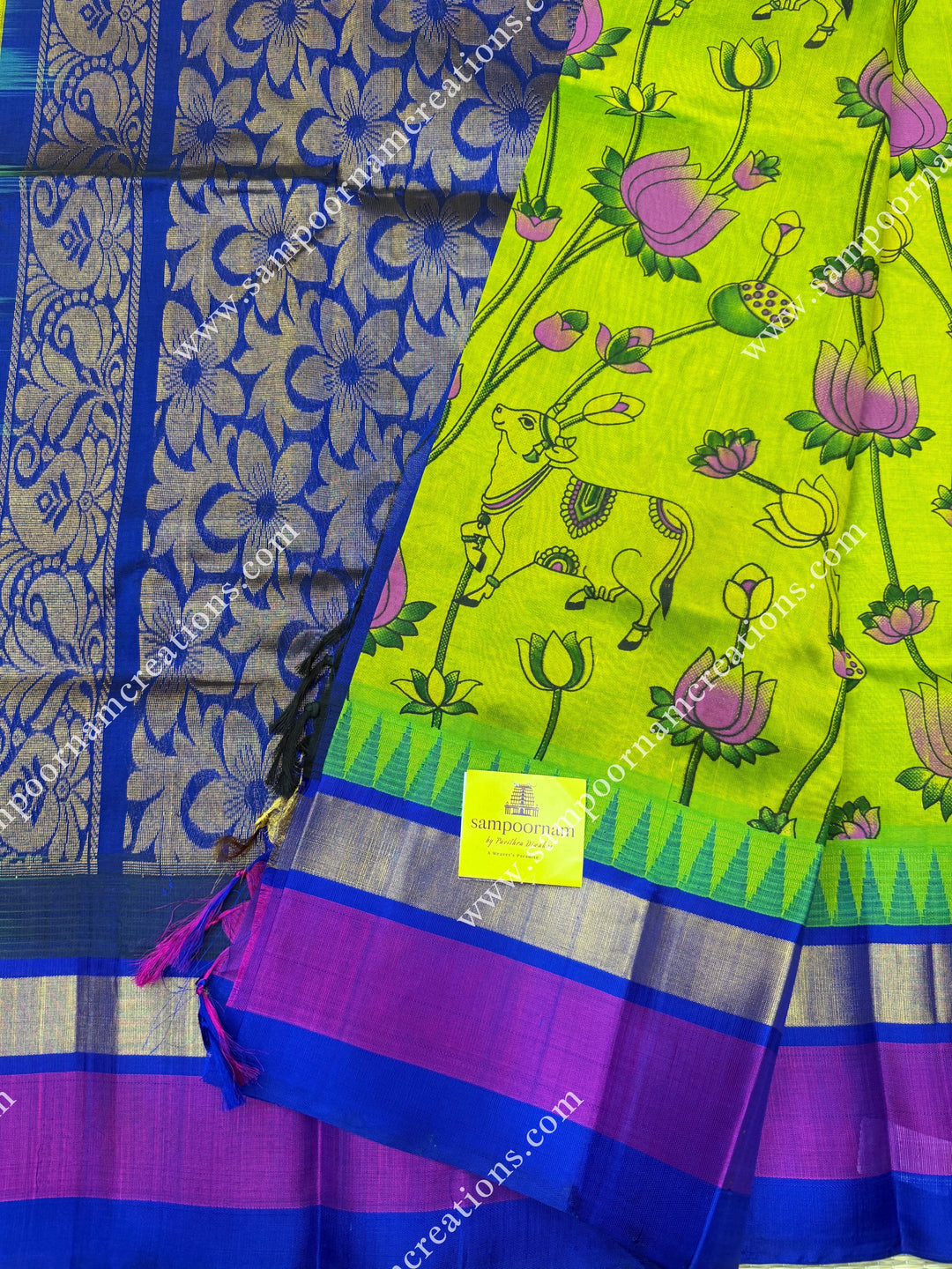 Sneha Green with Blue   , Pichwai  Prints all over the body , Triple Border with Temple design  and Rich Pallu Korvai Silk Cotton Saree