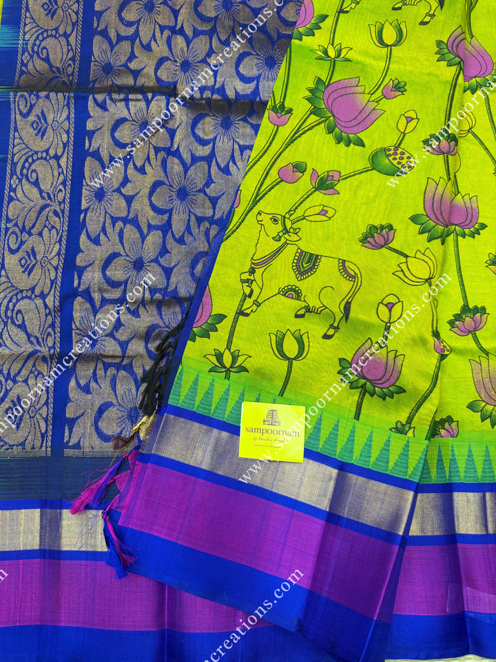 Sneha Green with Blue   , Pichwai  Prints all over the body , Triple Border with Temple design  and Rich Pallu Korvai Silk Cotton Saree
