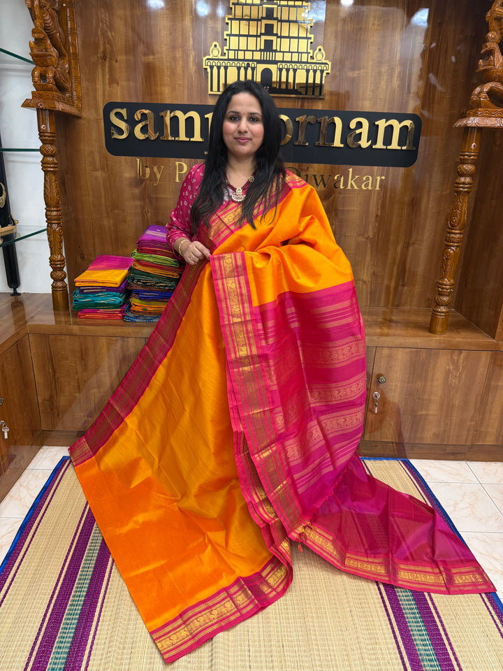 Mambazha Manjal with Hot Pink  , Traditional borders and Rich Pallu Korvai Silk Cotton Saree