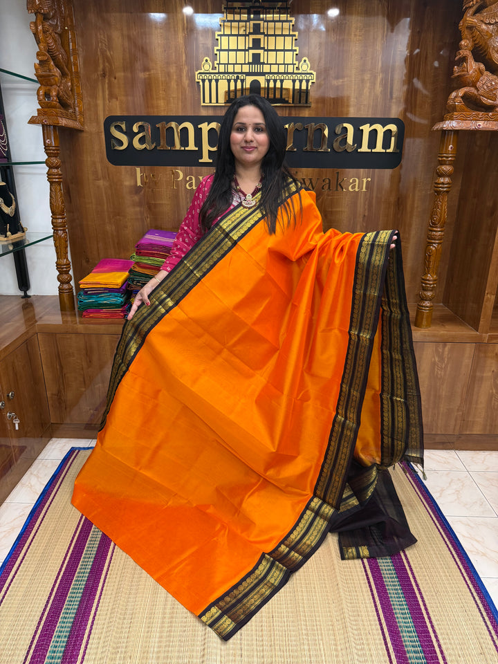 Orange with Brown  , Rettapet borders and Rich Pallu Korvai Silk Cotton Saree