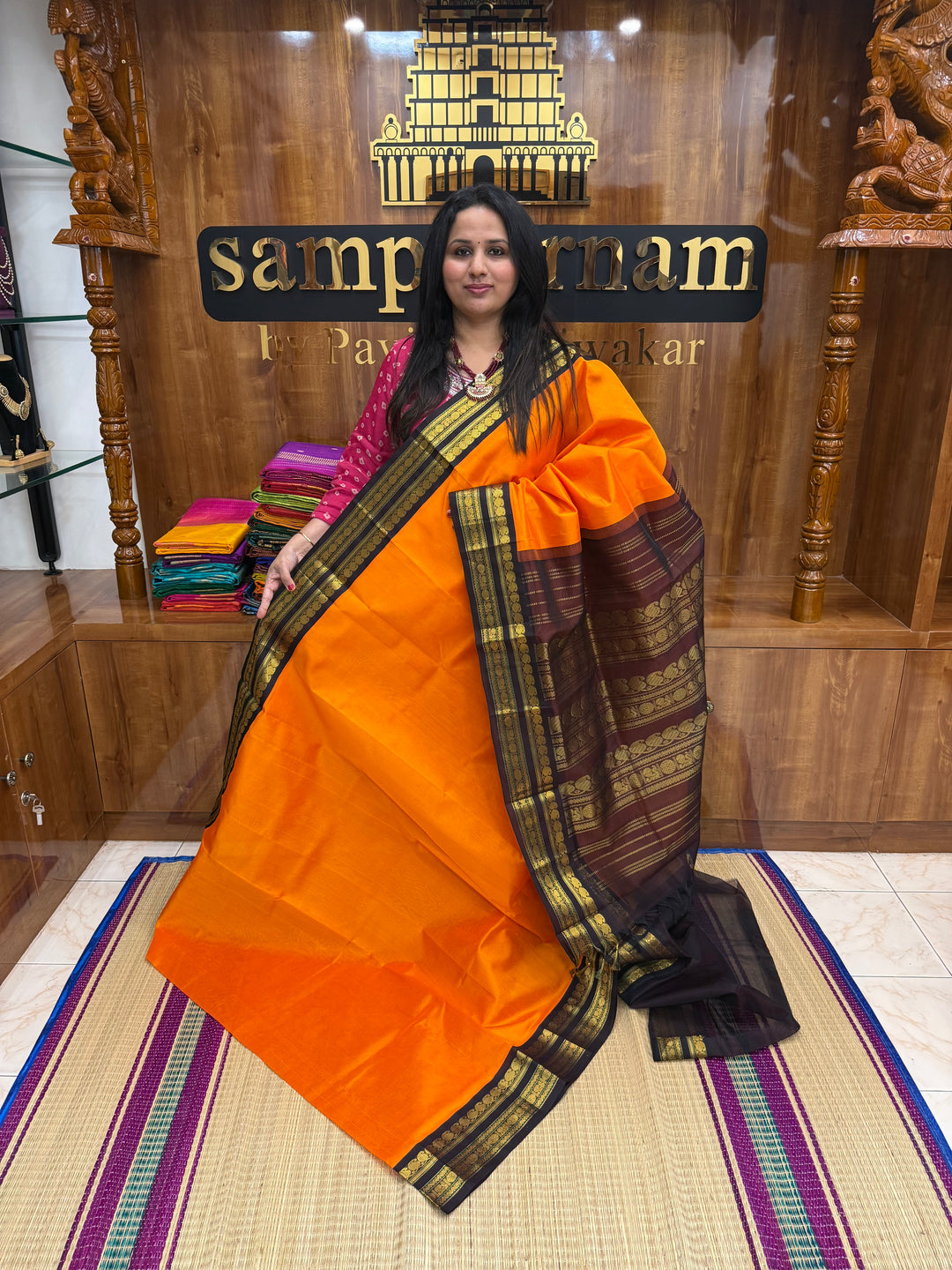 Orange with Brown  , Rettapet borders and Rich Pallu Korvai Silk Cotton Saree