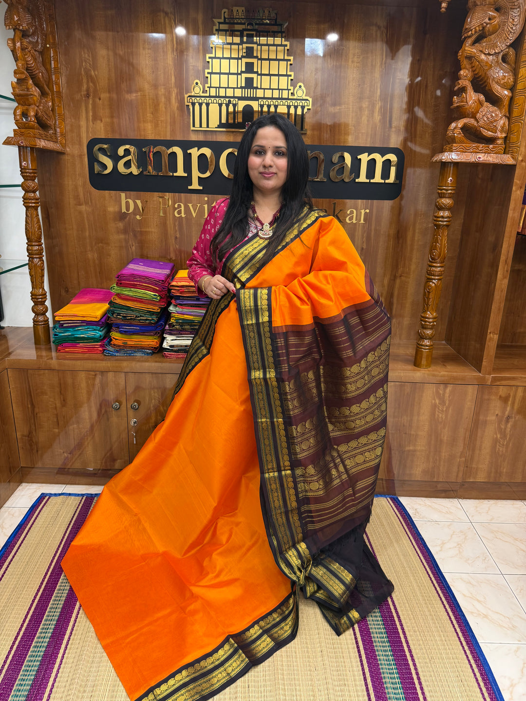 Orange with Brown  , Rettapet borders and Rich Pallu Korvai Silk Cotton Saree