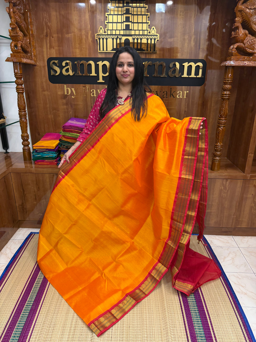 Mambazha Manjal with Red  , Traditional borders and Rich Pallu Korvai Silk Cotton Saree