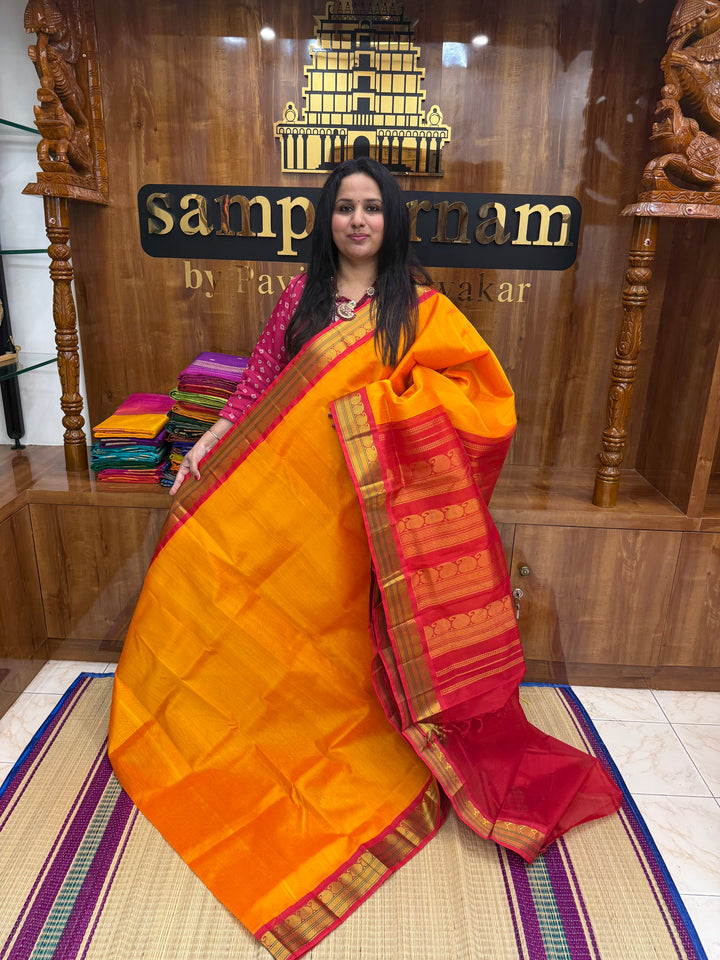 Mambazha Manjal with Red  , Traditional borders and Rich Pallu Korvai Silk Cotton Saree