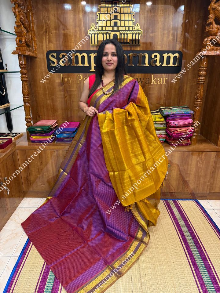Double Shades Purple with Mustard, Rich Zari Checks in the body , rettapet borders and rich Pallu Silk Cotton Sarees