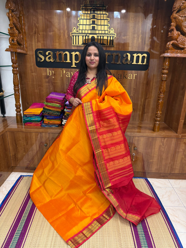 Mambazha Manjal with Red  , Traditional borders and Rich Pallu Korvai Silk Cotton Saree