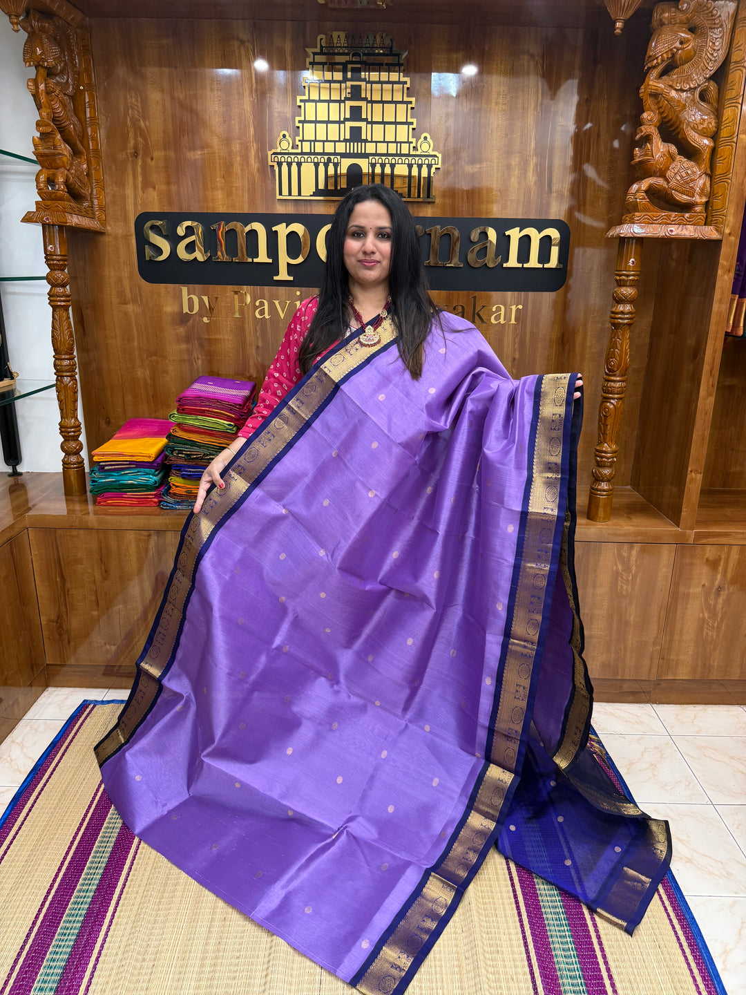 Lavender with Dark Blue , rich  Zari Butta in the body , traditional borders and rich Pallu Korvai Silk Cotton Saree
