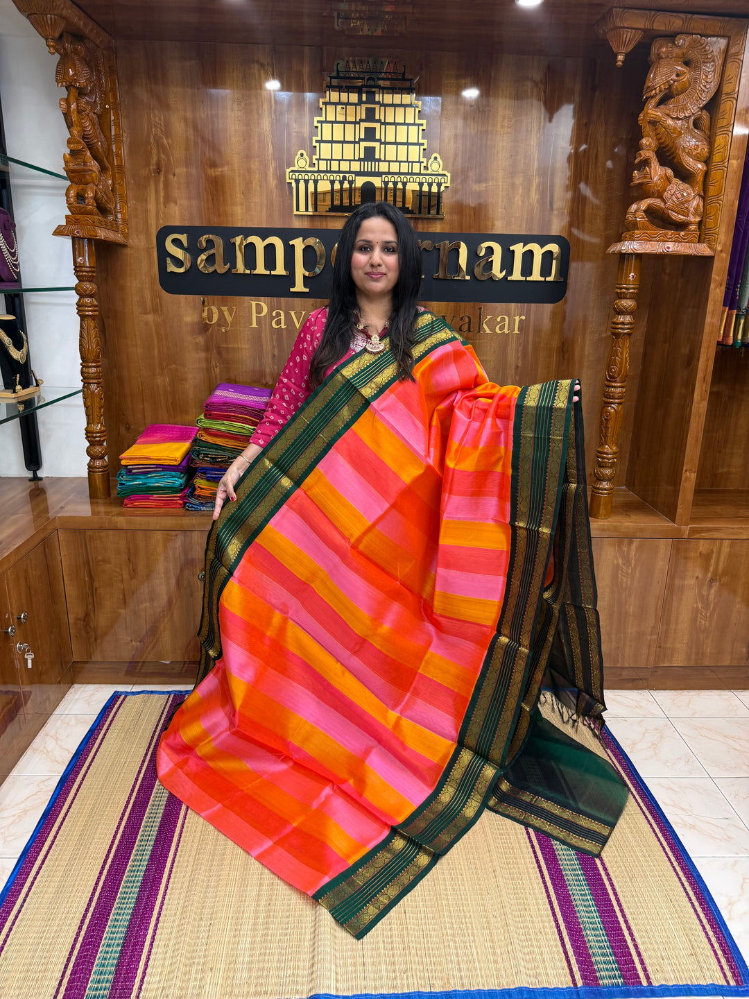 A Fusion of Pastel Shades of  Pink with Green , Traditional borders and Rich Pallu Korvai Silk Cotton Saree