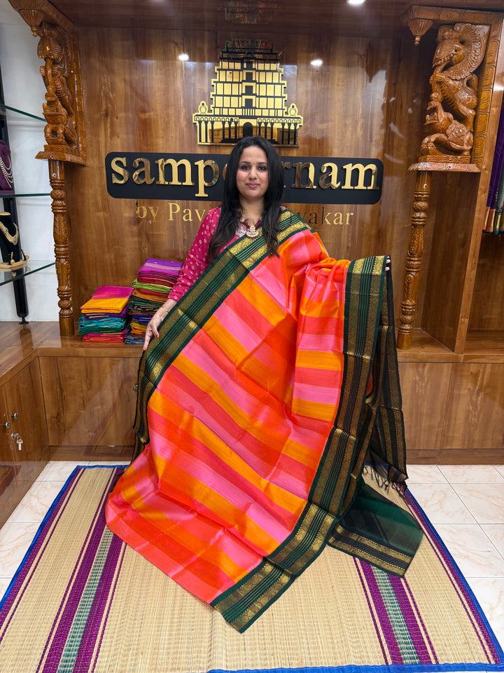 A Fusion of Pastel Shades of  Pink with Green , Traditional borders and Rich Pallu Korvai Silk Cotton Saree