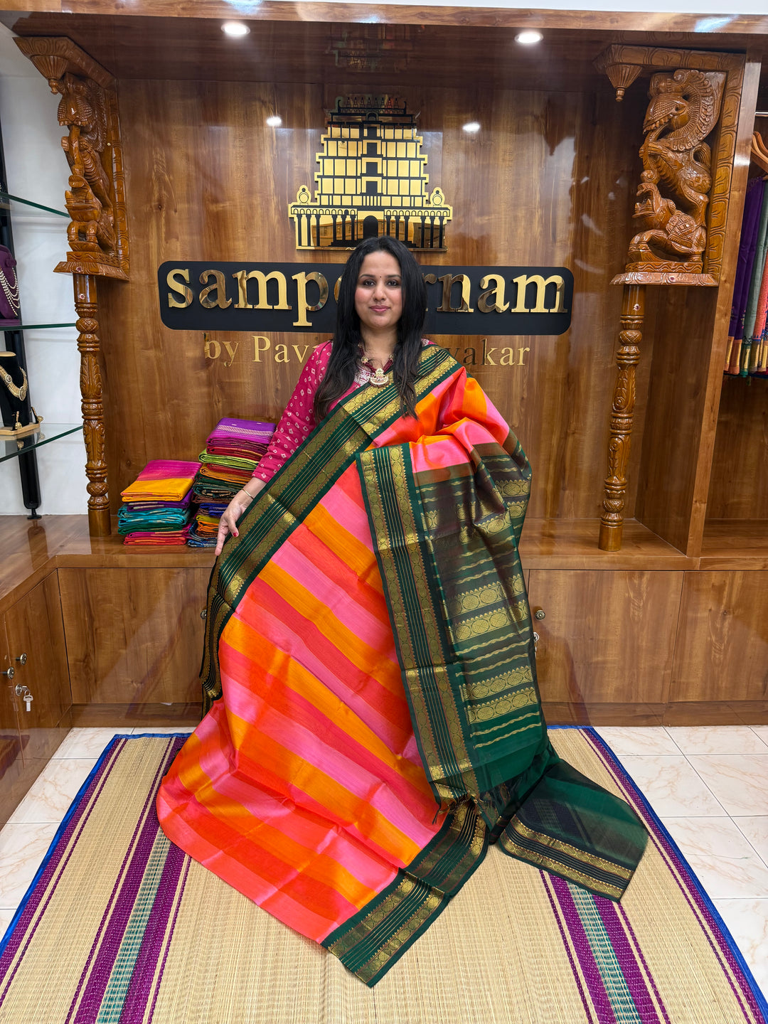 A Fusion of Pastel Shades of  Pink with Green , Traditional borders and Rich Pallu Korvai Silk Cotton Saree