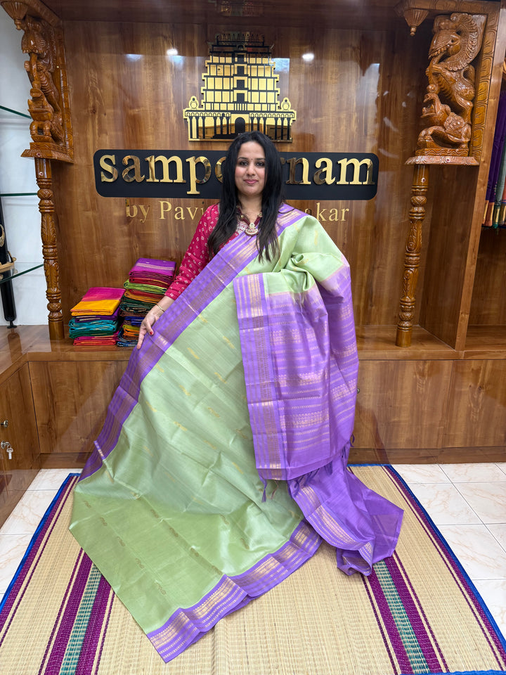 Pista Green with Lilac , rich Mayil  Zari Butta in the body , Rettapet  borders and rich Pallu Korvai Silk Cotton Saree