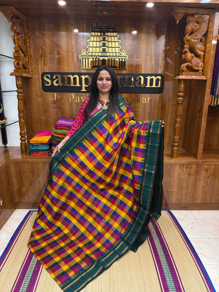 Traditional Checks Pallum Pazham Kattam Saree , Manjal , Red , Blue & Green with rettapet rudraksh border and Grand  Pallu Korvai Silk Cotton Saree