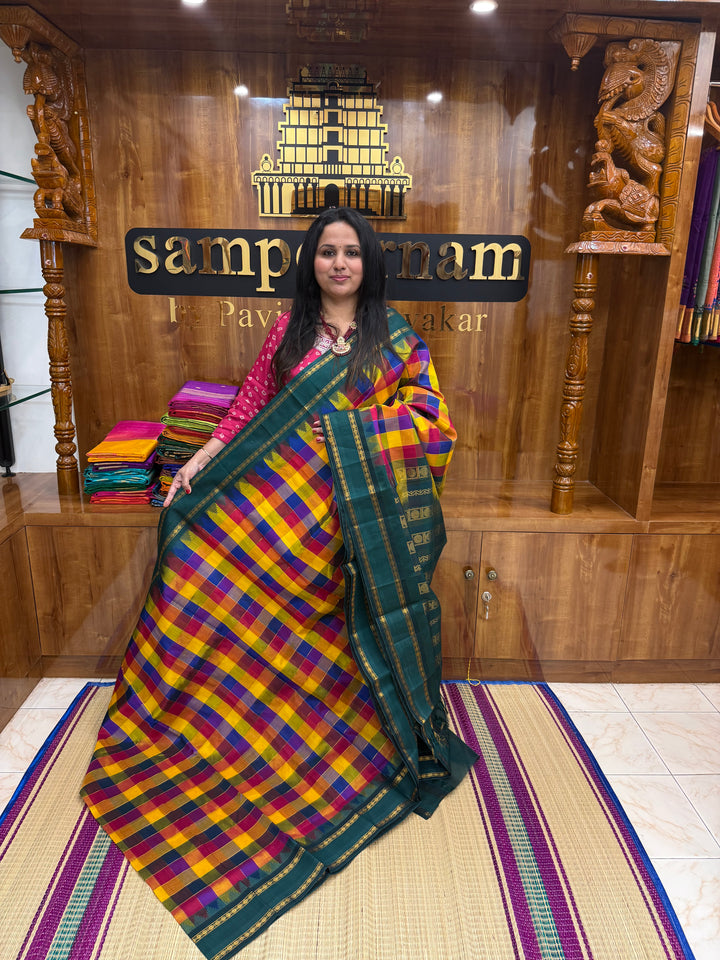 Traditional Checks Pallum Pazham Kattam Saree , Manjal , Red , Blue & Green with rettapet rudraksh border and Grand  Pallu Korvai Silk Cotton Saree