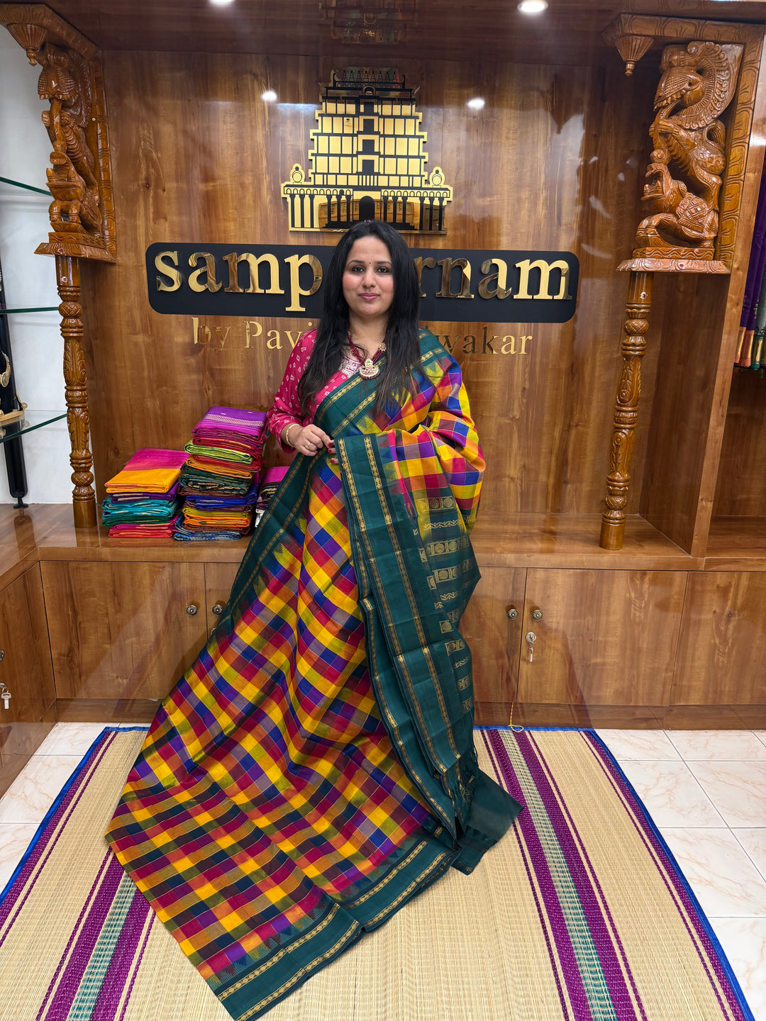 Traditional Checks Pallum Pazham Kattam Saree , Manjal , Red , Blue & Green with rettapet rudraksh border and Grand  Pallu Korvai Silk Cotton Saree