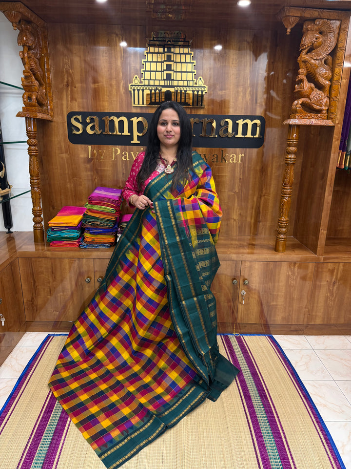 Traditional Checks Pallum Pazham Kattam Saree , Manjal , Red , Blue & Green with rettapet rudraksh border and Grand  Pallu Korvai Silk Cotton Saree
