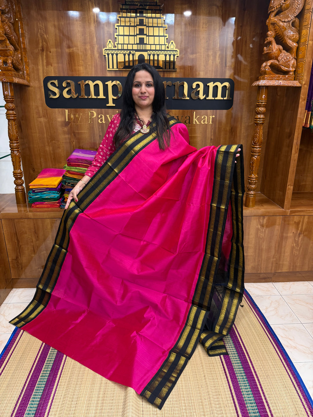 Dark Pink with Dark Brown  , Rettapet  borders and Rich Pallu Korvai Silk Cotton Saree