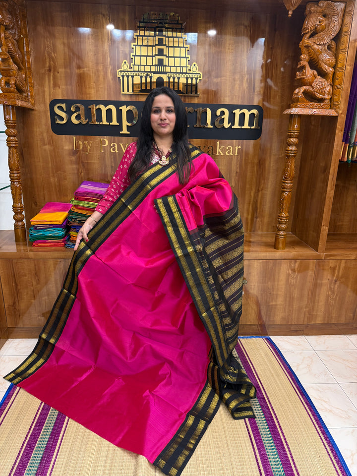 Dark Pink with Dark Brown  , Rettapet  borders and Rich Pallu Korvai Silk Cotton Saree