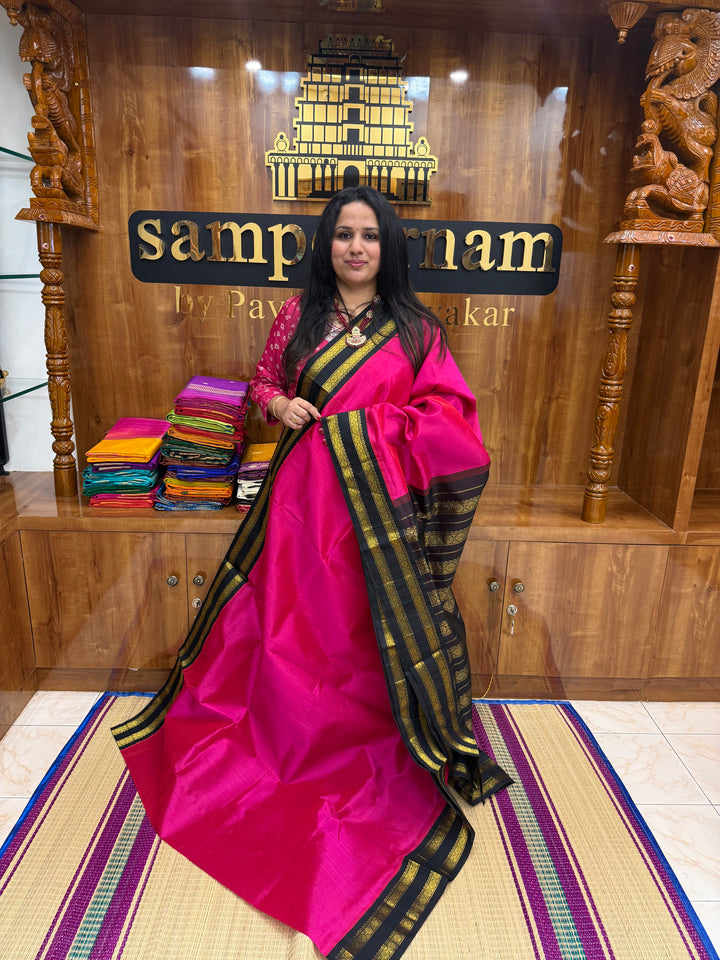 Dark Pink with Dark Brown  , Rettapet  borders and Rich Pallu Korvai Silk Cotton Saree