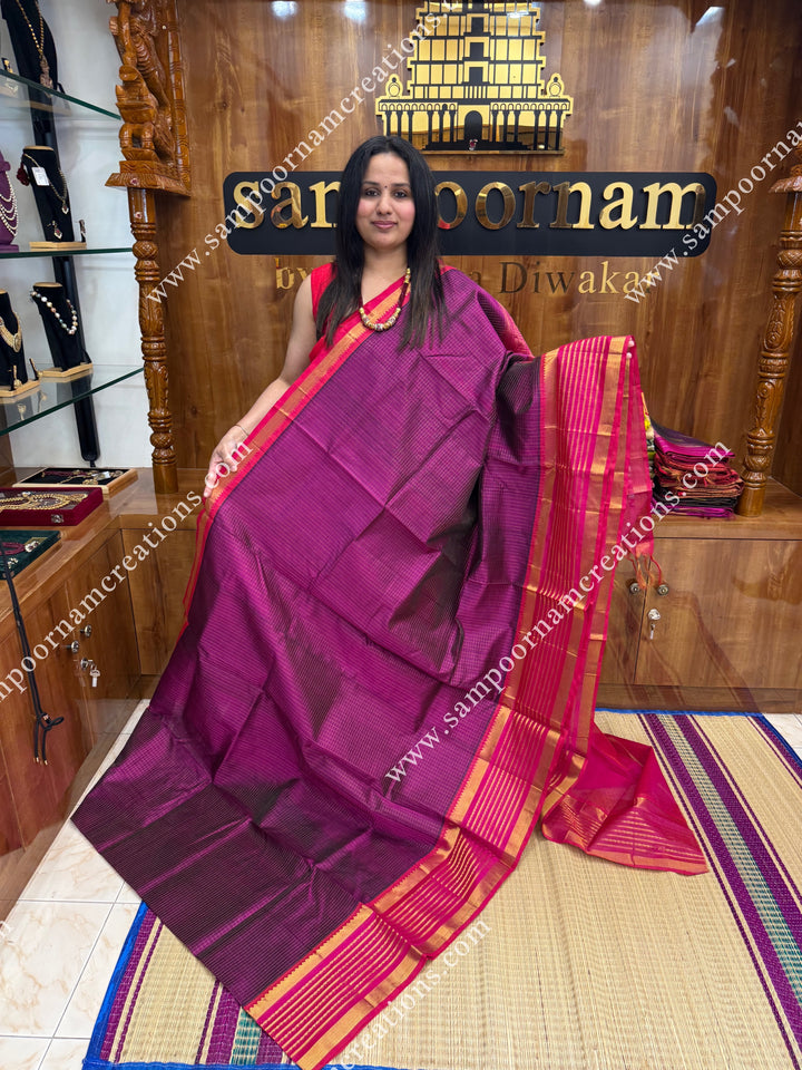 Dark plum with Pink , Rich Zari Checks in the body ,one side Long borders rich Pallu Silk Cotton Sarees