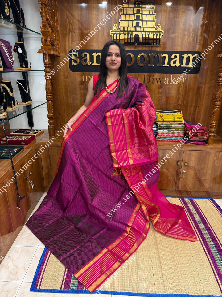 Dark plum with Pink , Rich Zari Checks in the body ,one side Long borders rich Pallu Silk Cotton Sarees