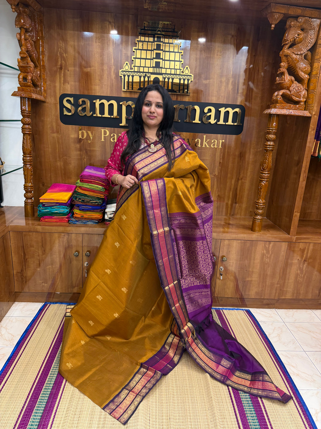 Fenugreek Vendhayam with Purple , rich Mango Zari Butta in the body , traditional Kanchi borders  and rich Pallu Korvai Silk Cotton Saree
