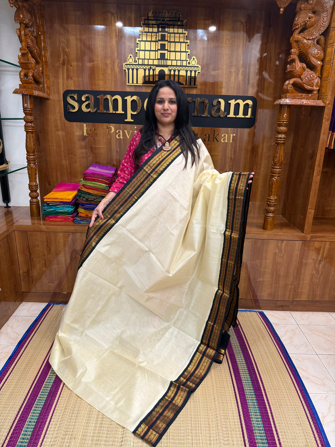 Offwhite with Bottle Green  , Rettapet borders and Rich Pallu Korvai Silk Cotton Saree