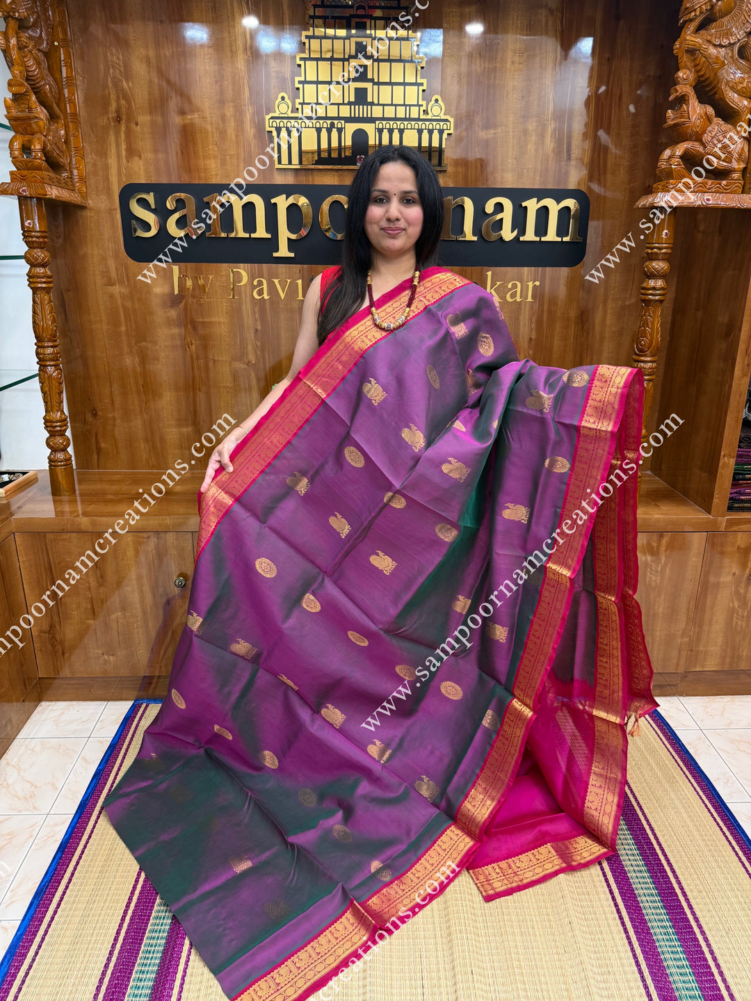 Double Shaded Lilac with Pink , Rich Annam and Chakram  Zari Butta in the body , traditional borders and rich Pallu Silk Cotton Saree