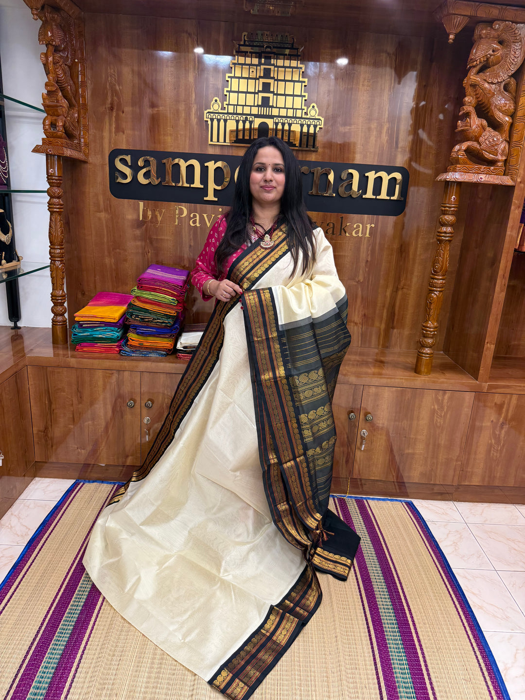 Offwhite with Bottle Green  , Rettapet borders and Rich Pallu Korvai Silk Cotton Saree