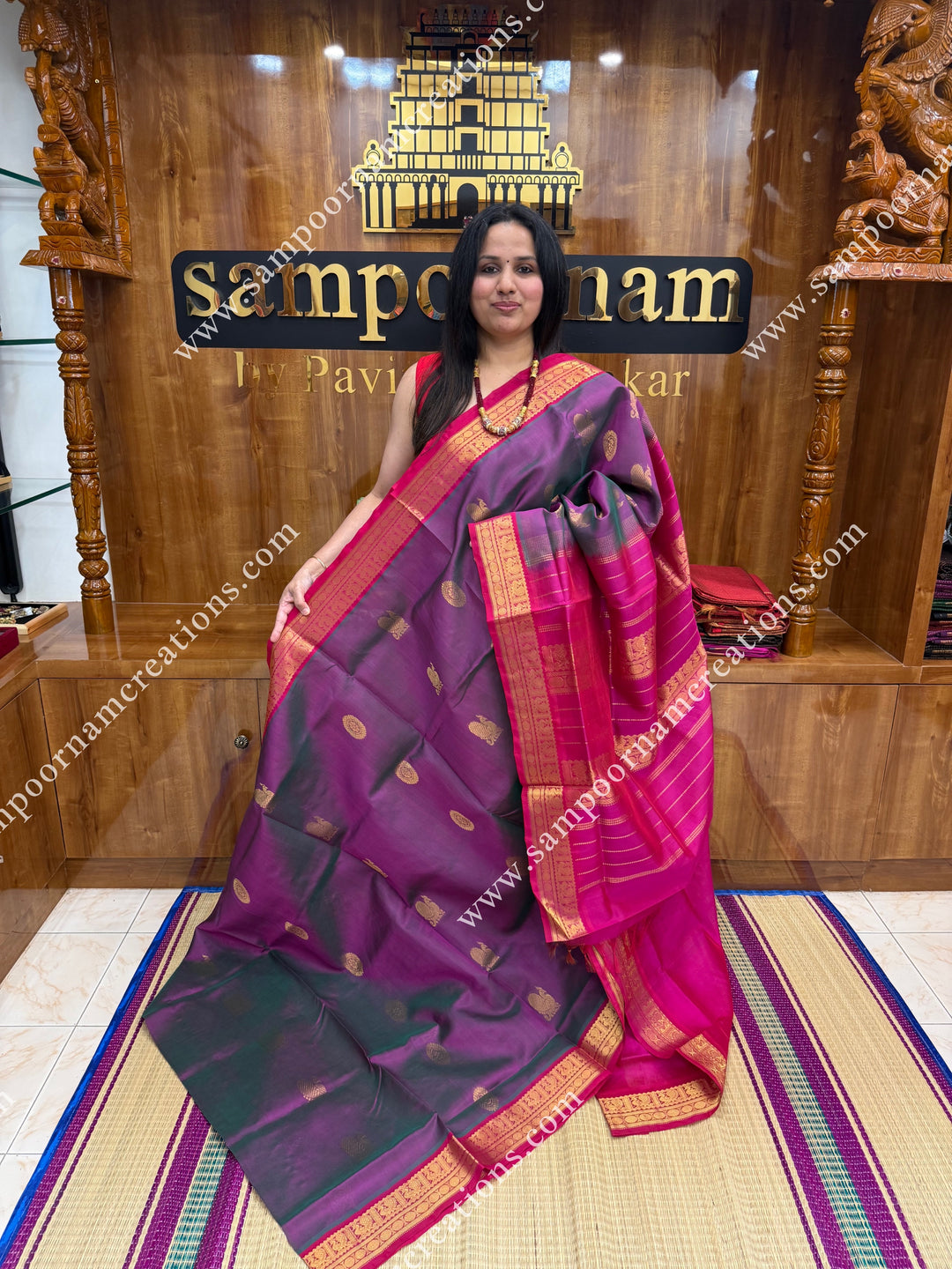 Double Shaded Lilac with Pink , Rich Annam and Chakram  Zari Butta in the body , traditional borders and rich Pallu Silk Cotton Saree