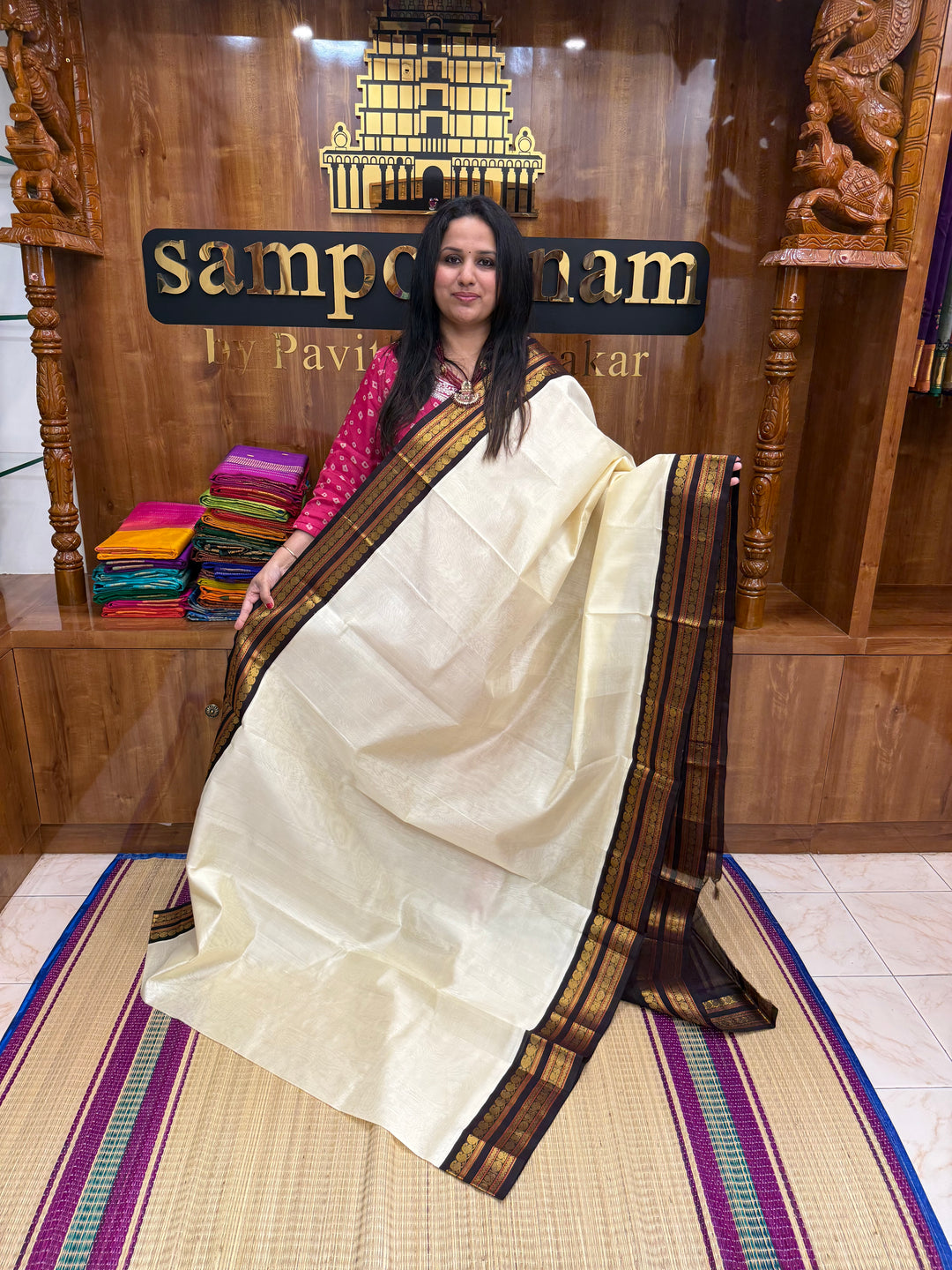 Offwhite with Brown  , Rettapet borders and Rich Pallu Korvai Silk Cotton Saree